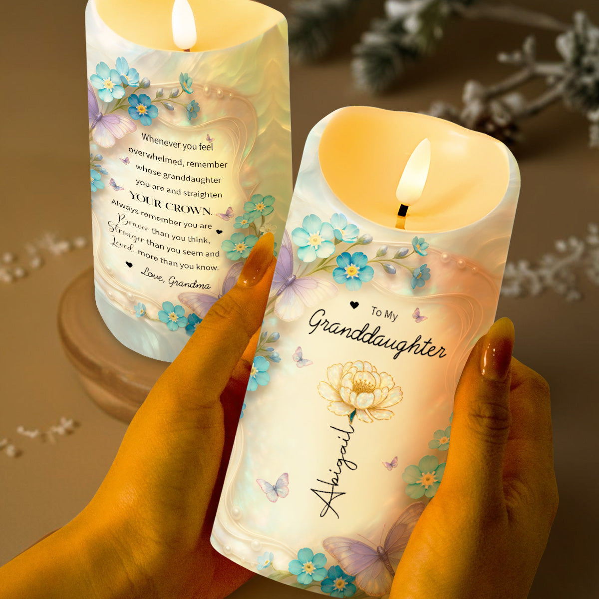 Straighten Your Crown, Butterflies and Flowers - Personalized Custom LED Candle - GDT511_LECA