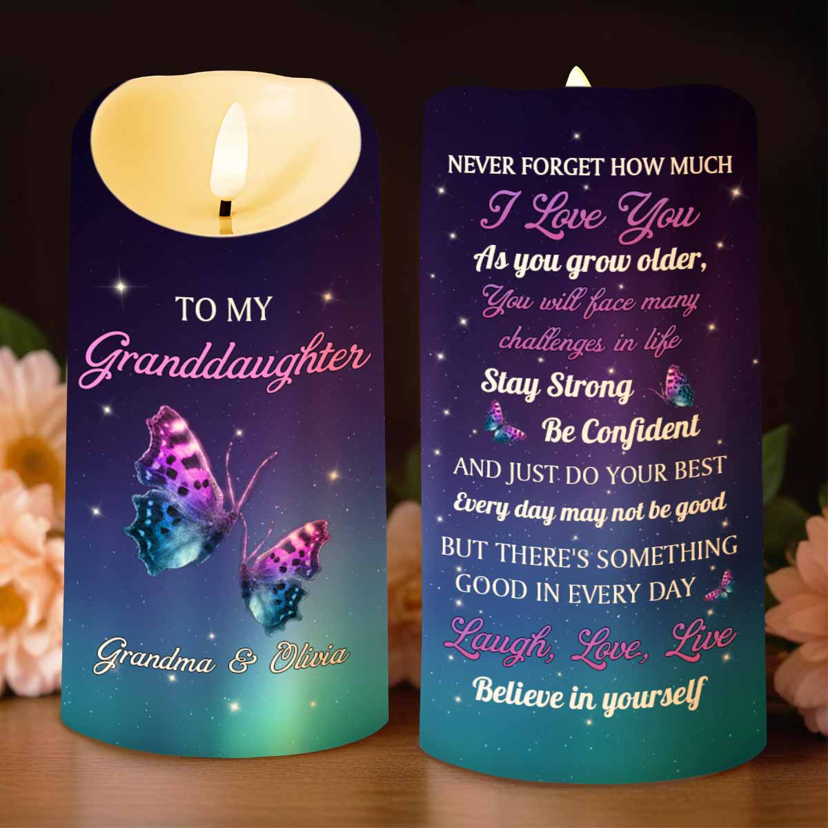 To My Granddaughter, Believe In Yourself, Butterflies And Stars - Personalized Custom LED Candle - GDT513_LECA