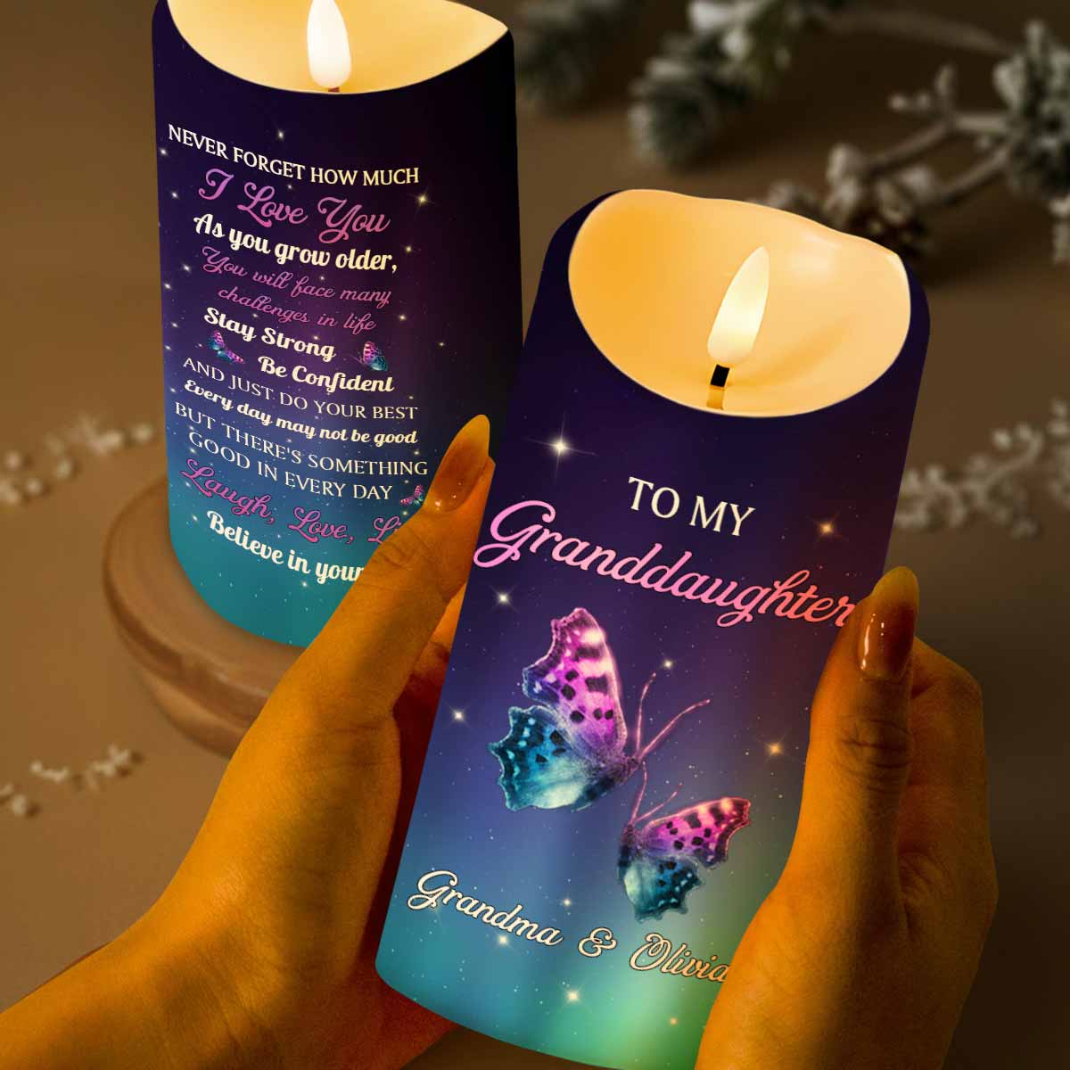 To My Granddaughter, Believe In Yourself, Butterflies And Stars - Personalized Custom LED Candle - GDT513_LECA