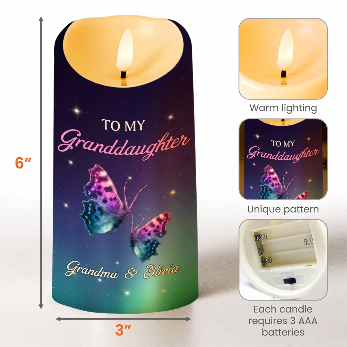 To My Granddaughter, Believe In Yourself, Butterflies And Stars - Personalized Custom LED Candle - GDT513_LECA