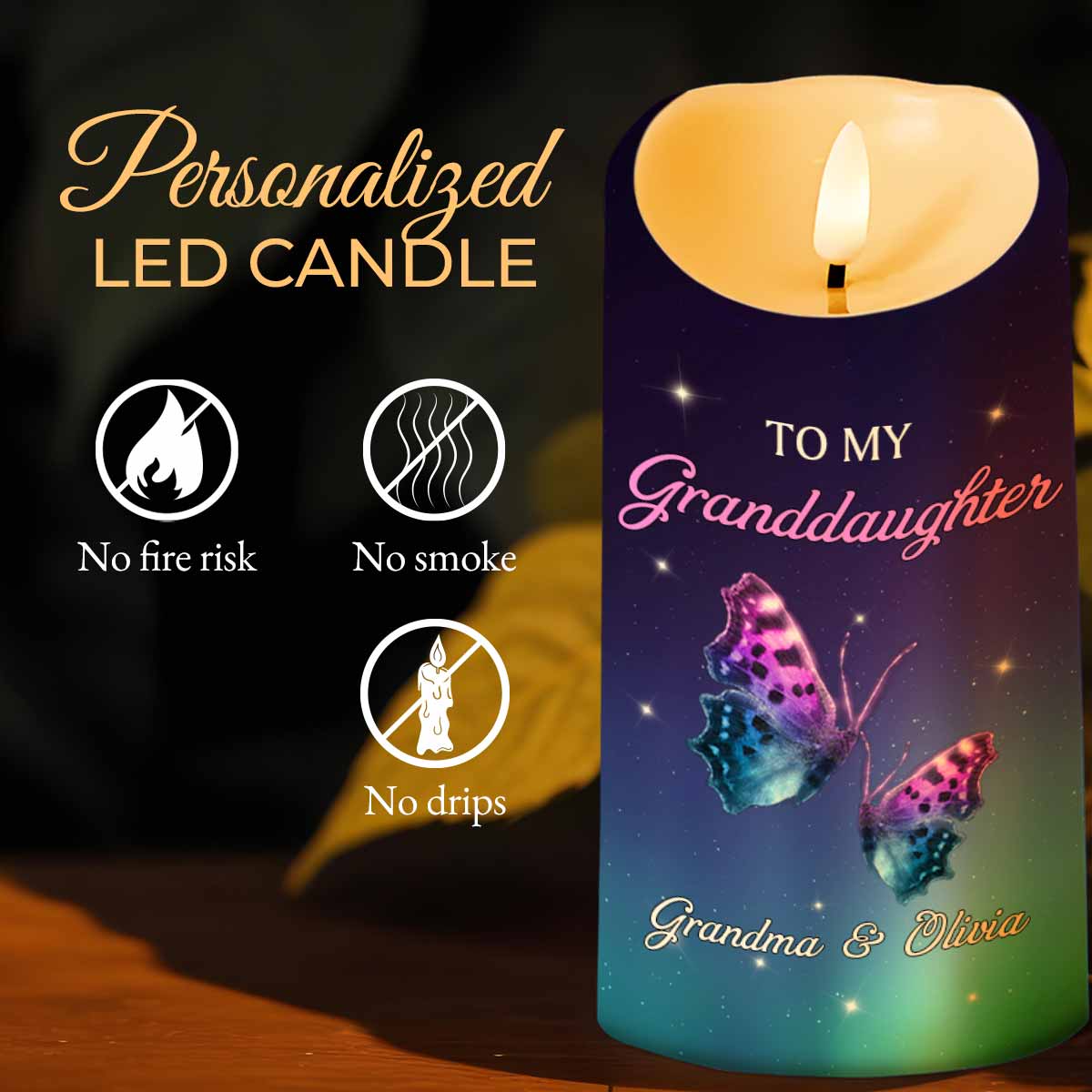 To My Granddaughter, Believe In Yourself, Butterflies And Stars - Personalized Custom LED Candle - GDT513_LECA