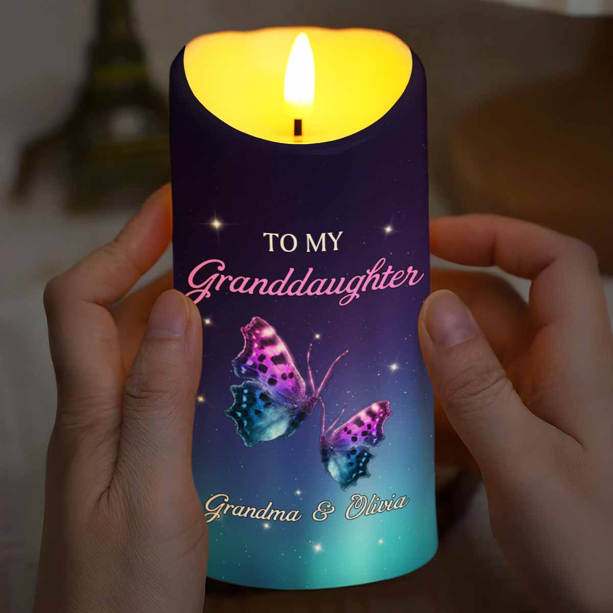 To My Granddaughter, Believe In Yourself, Butterflies And Stars - Personalized Custom LED Candle - GDT513_LECA