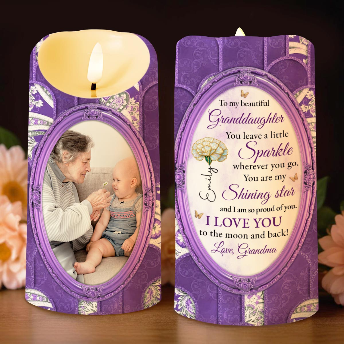 To My Beautiful Granddaughter, Shining Star, Flowers And Butterfly - Personalized Custom LED Candle - GDT514_LECA