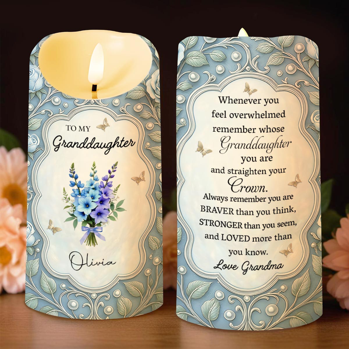 To My Granddaughter, Love Grandma, Flowers And Crown - Personalized Custom LED Candle - GDT518_LECA