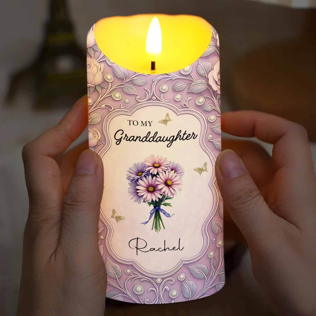 To My Granddaughter, Love Grandma, Flowers And Crown - Personalized Custom LED Candle - GDT518_LECA