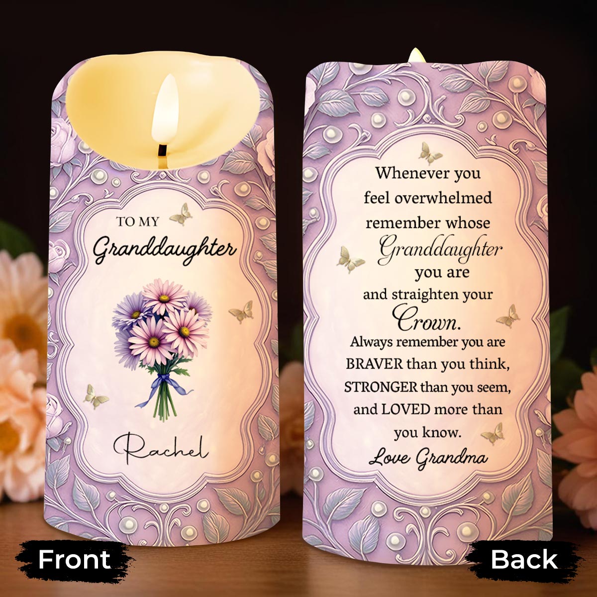 To My Granddaughter, Love Grandma, Flowers And Crown - Personalized Custom LED Candle - GDT518_LECA