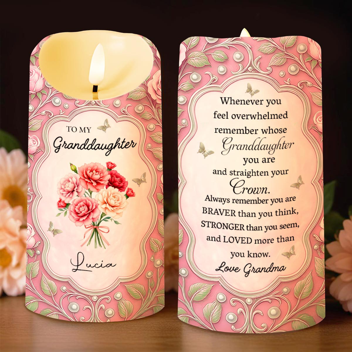 To My Granddaughter, Love Grandma, Flowers And Crown - Personalized Custom LED Candle - GDT518_LECA