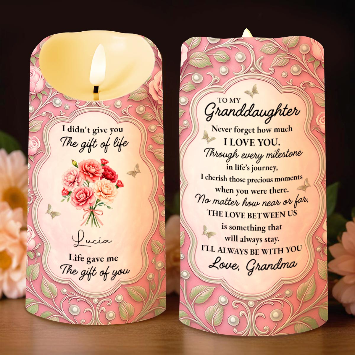 To My Granddaughter Love Between Us Message With Flowers - Personalized Custom LED Candle - GDT520_LECA