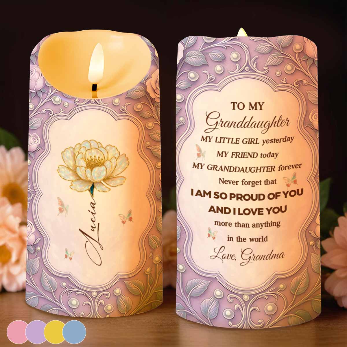 To My Granddaughter, Flowers And Butterflies Design - Personalized Custom LED Candle - GDT523_LECA