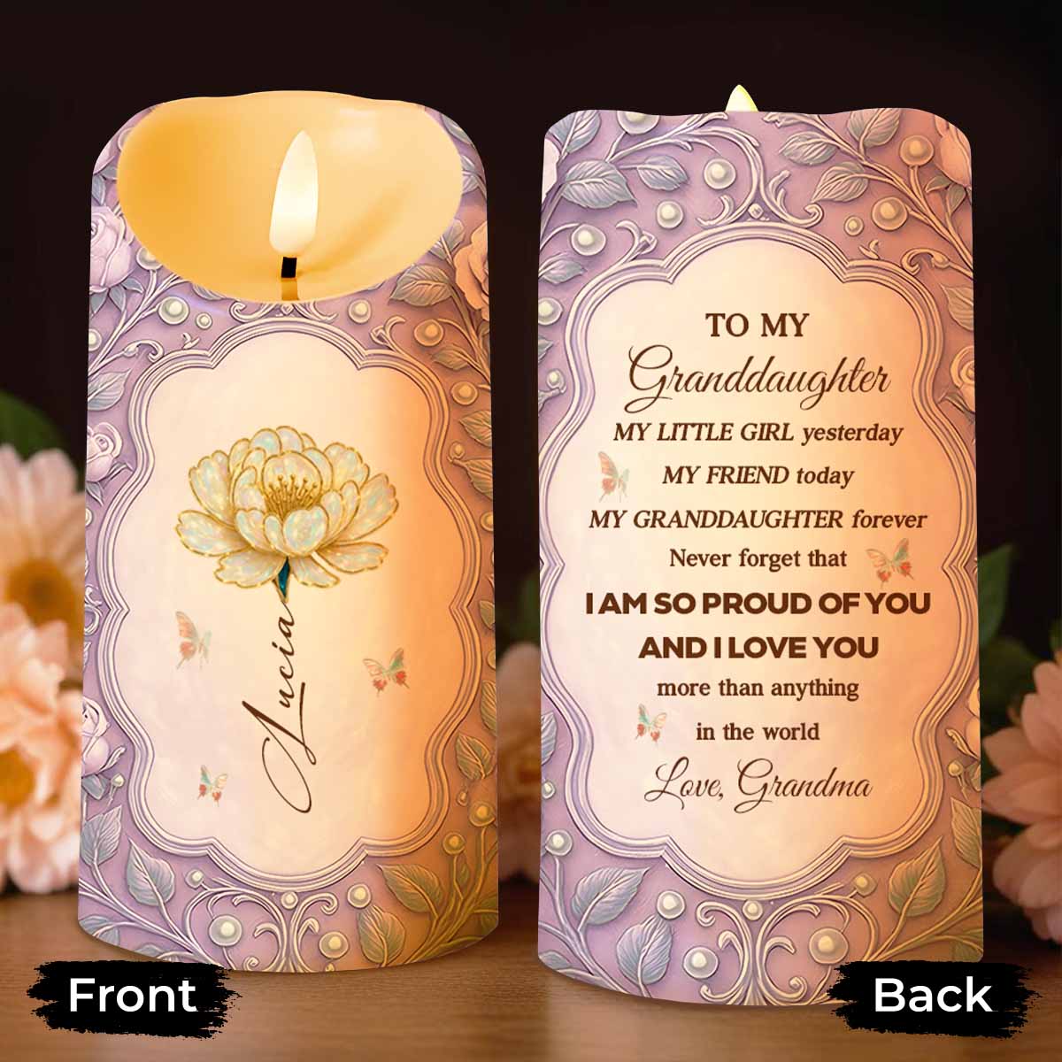 To My Granddaughter, Flowers And Butterflies Design - Personalized Custom LED Candle - GDT523_LECA