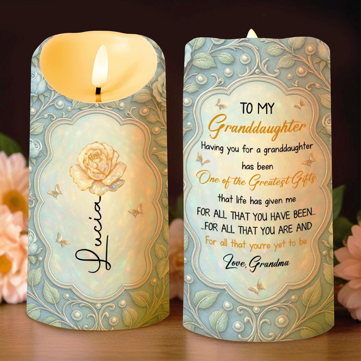 To My Granddaughter, One Of The Greatest Gifts, Rose And Butterflies - Personalized Custom LED Candle - GDT532_LECA