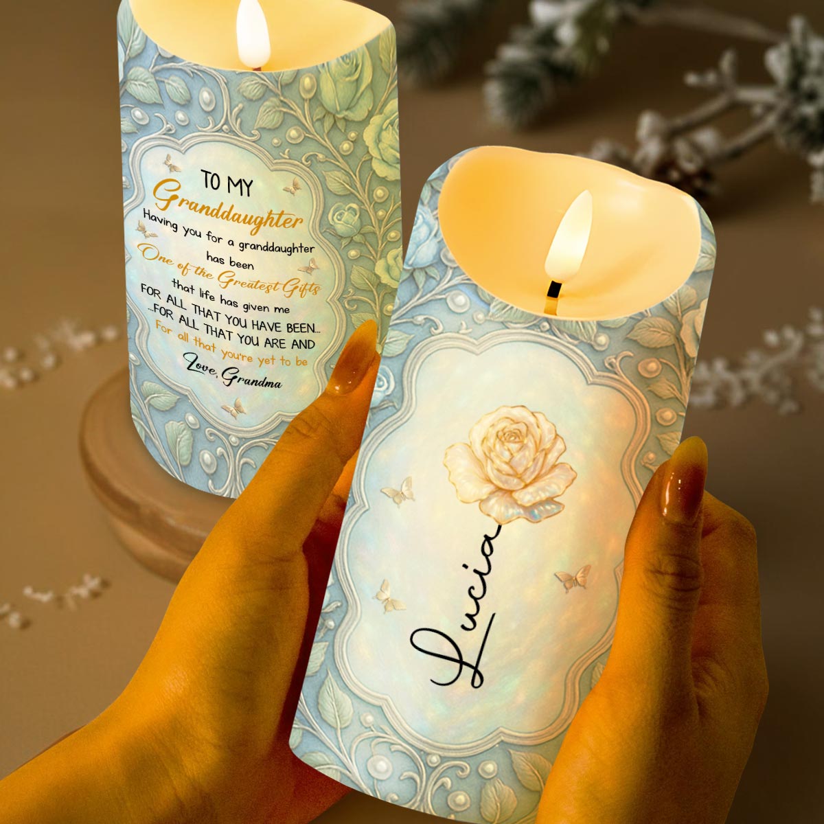 To My Granddaughter, One Of The Greatest Gifts, Rose And Butterflies - Personalized Custom LED Candle - GDT532_LECA