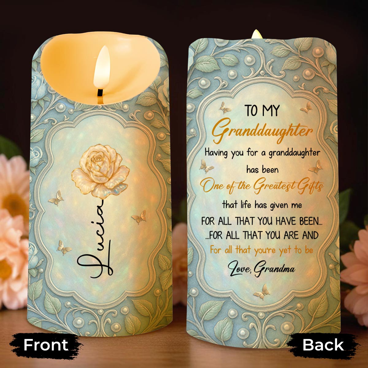 To My Granddaughter, One Of The Greatest Gifts, Rose And Butterflies - Personalized Custom LED Candle - GDT532_LECA