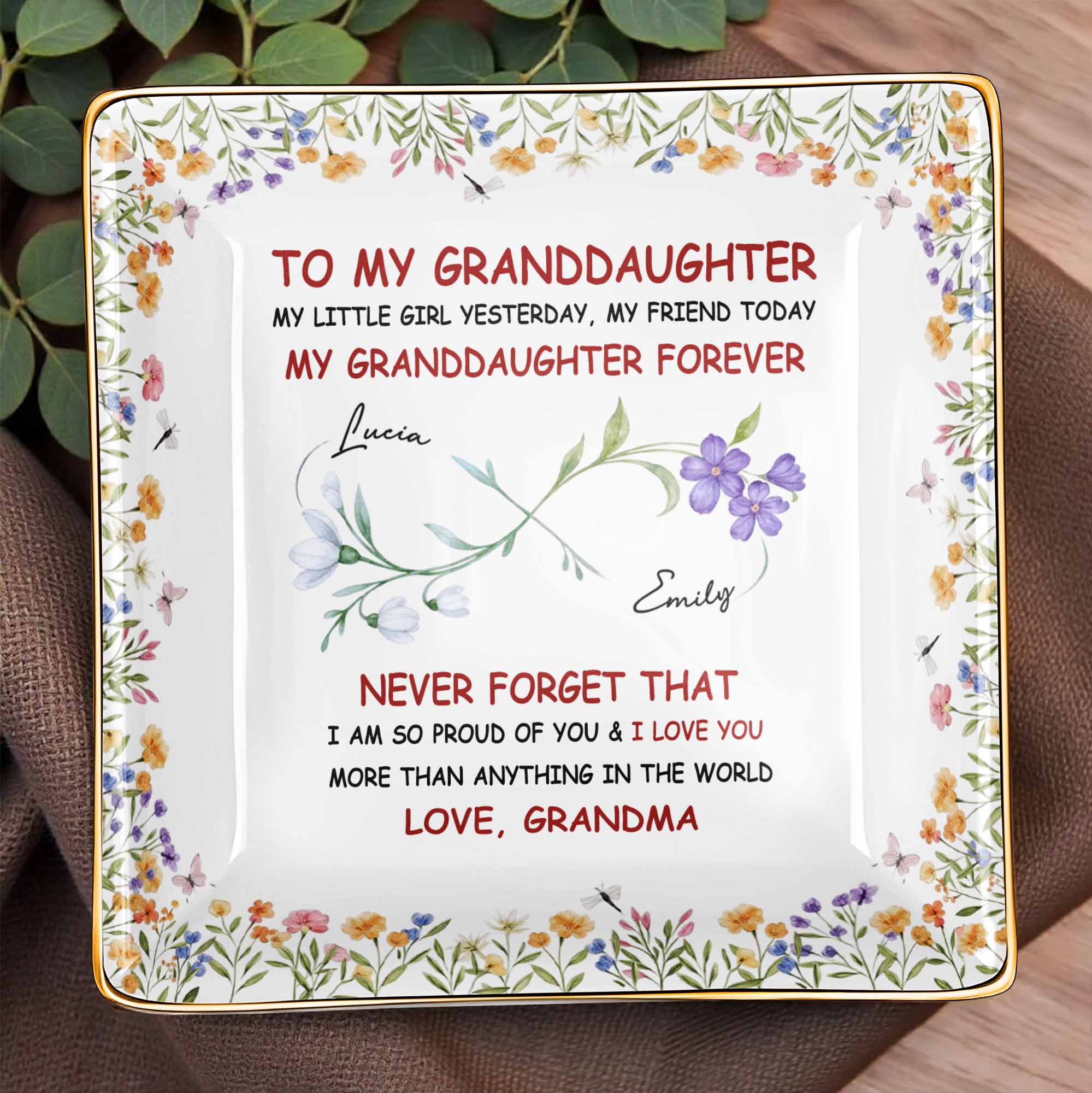 To My Granddaughter, Flowers, Love From Grandma - Personalized Custom Jewelry Dish, Ceramic Dish, Square Shape - GDT537_SCRF