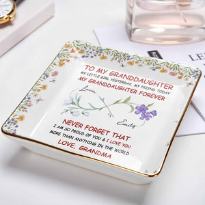 To My Granddaughter, Flowers, Love From Grandma - Personalized Custom Jewelry Dish, Ceramic Dish, Square Shape - GDT537_SCRF