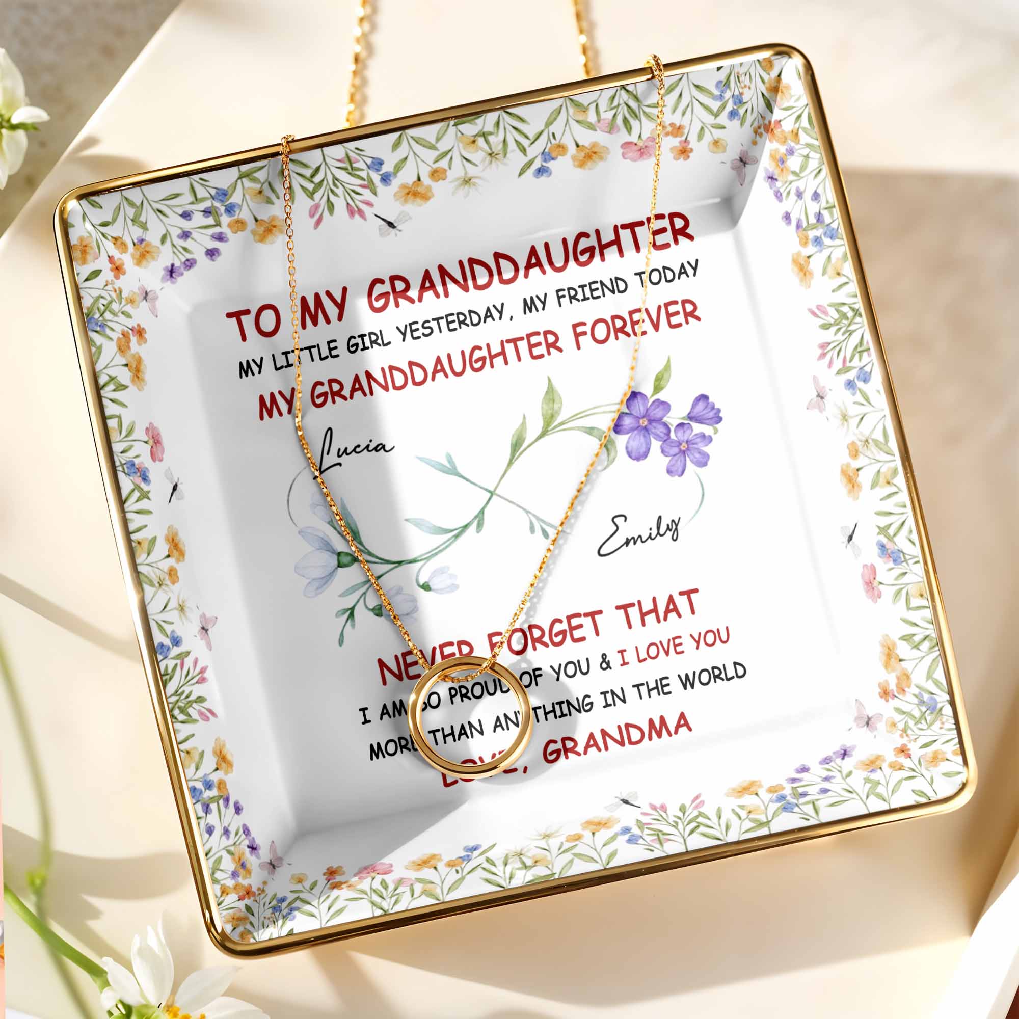 To My Granddaughter, Flowers, Love From Grandma - Personalized Custom Jewelry Dish, Ceramic Dish, Square Shape - GDT537_SCRF