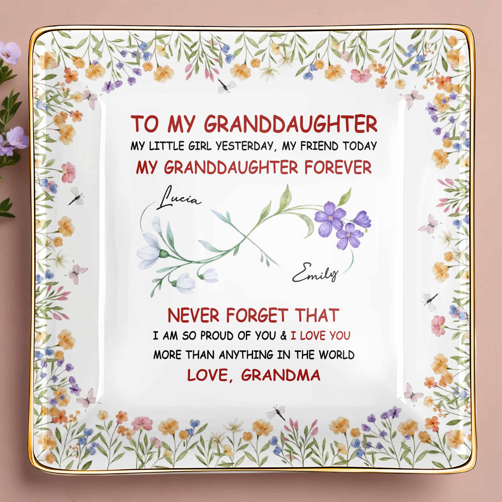 To My Granddaughter, Flowers, Love From Grandma - Personalized Custom Jewelry Dish, Ceramic Dish, Square Shape - GDT537_SCRF
