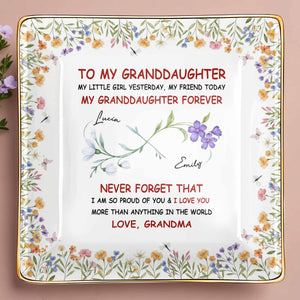 To My Granddaughter, Flowers, Love From Grandma - Personalized Custom Jewelry Dish, Ceramic Dish, Square Shape - GDT537_SCRF