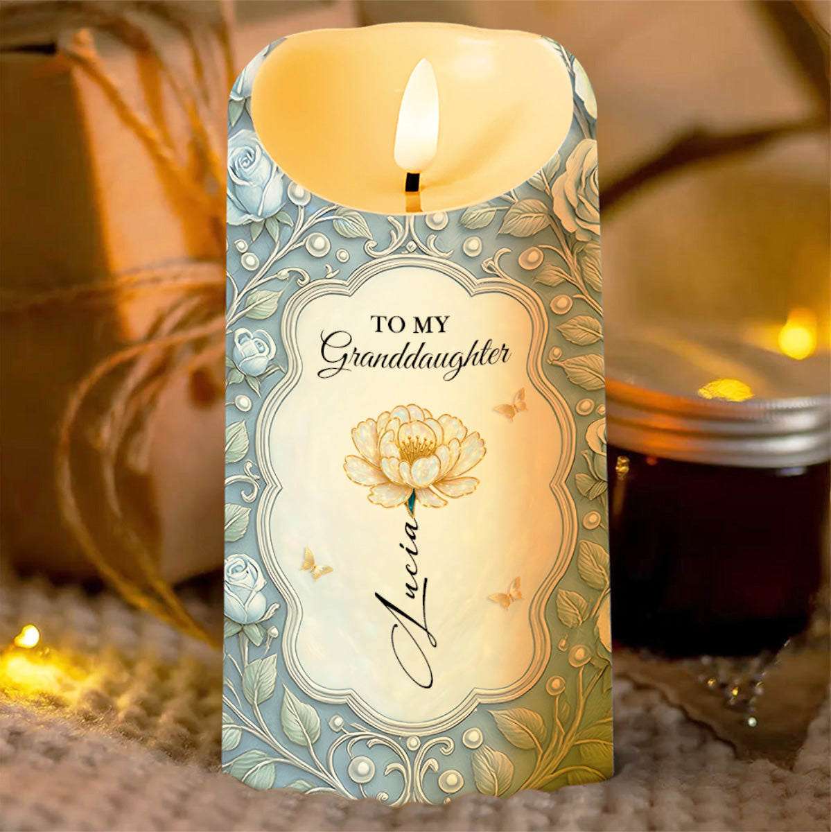 To My Granddaughter, Love Promised With Flowers And Butterflies - Personalized Custom LED Candle - GDT542_LECA