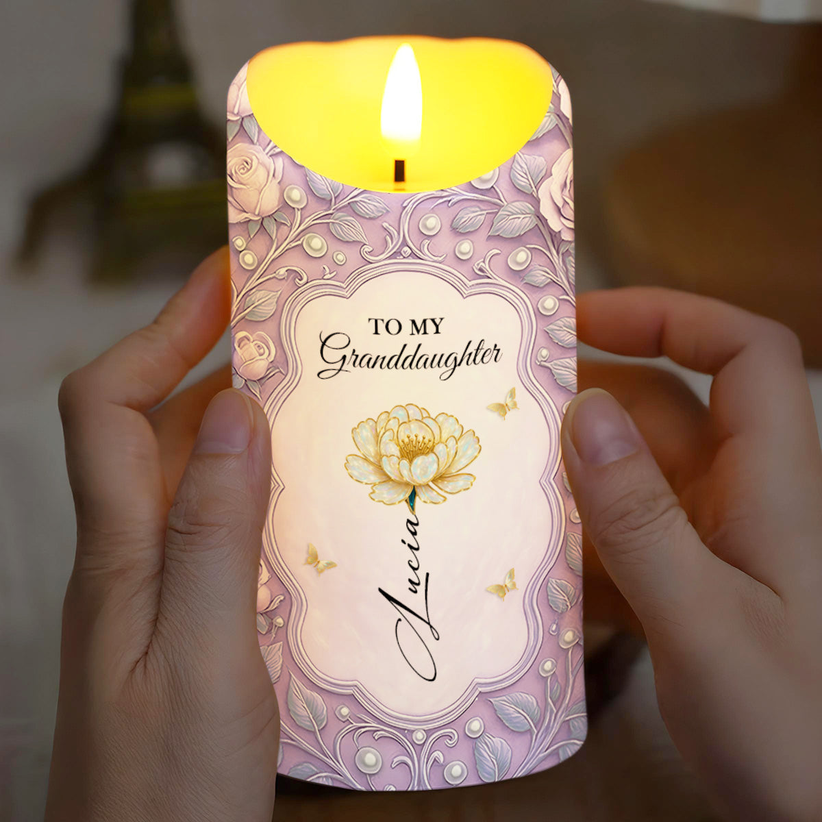 To My Granddaughter, Love Promised With Flowers And Butterflies - Personalized Custom LED Candle - GDT542_LECA