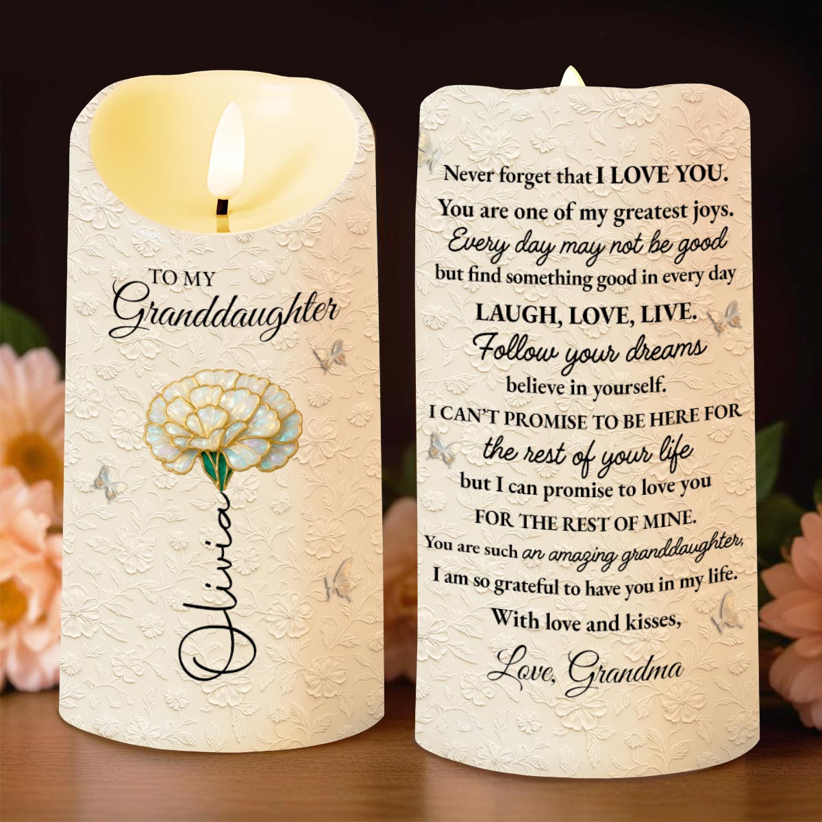 To My Granddaughter, Love And Floral Design - Personalized Custom LED Candle - GDT543_LECA