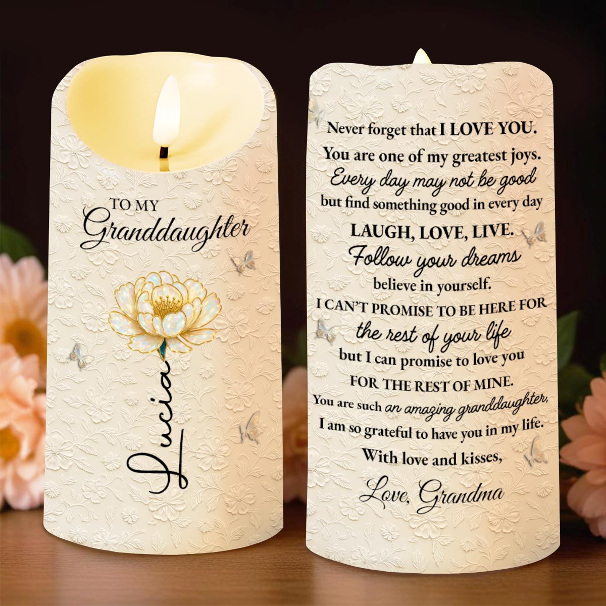 To My Granddaughter, Love And Floral Design - Personalized Custom LED Candle - GDT543_LECA