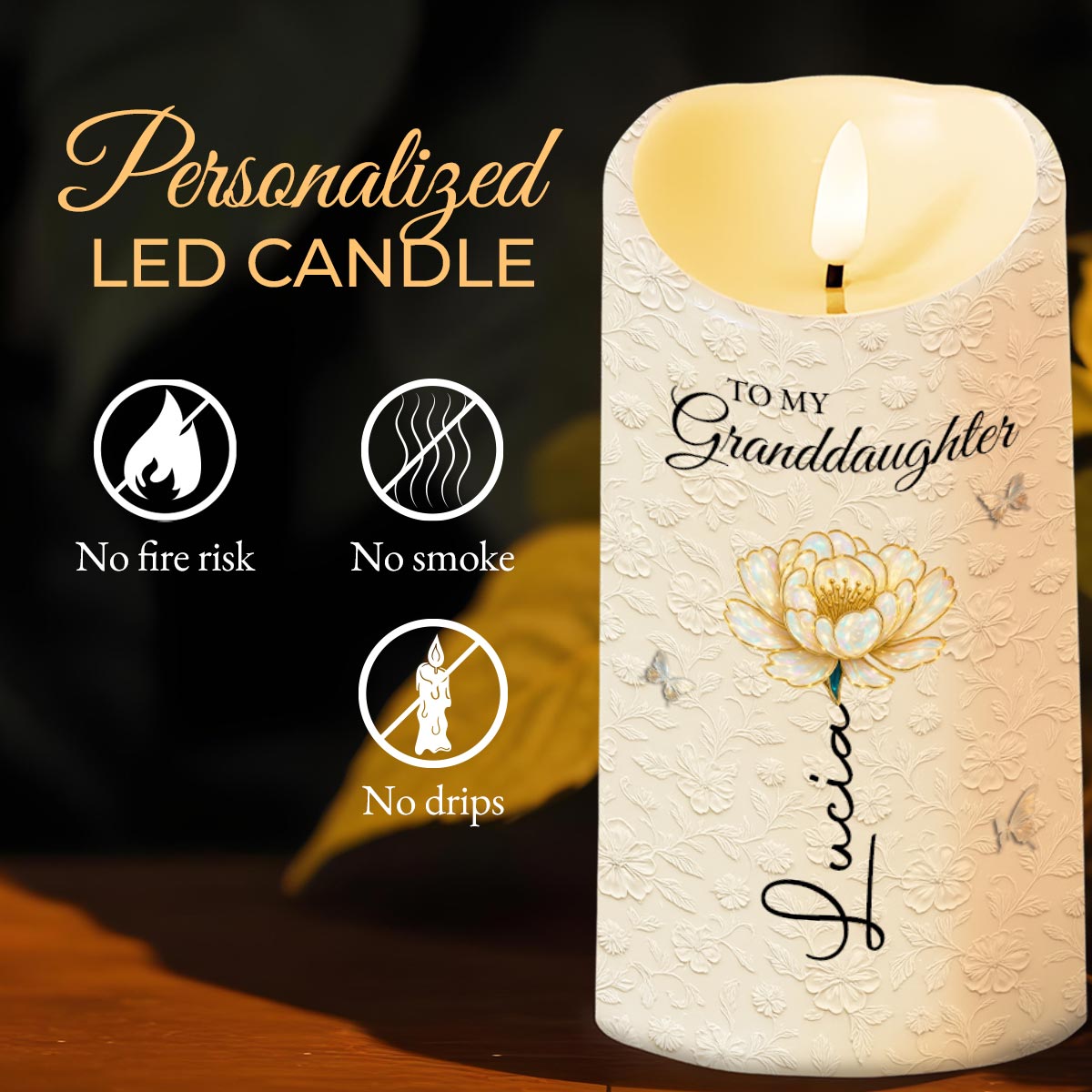 To My Granddaughter, Love And Floral Design - Personalized Custom LED Candle - GDT543_LECA