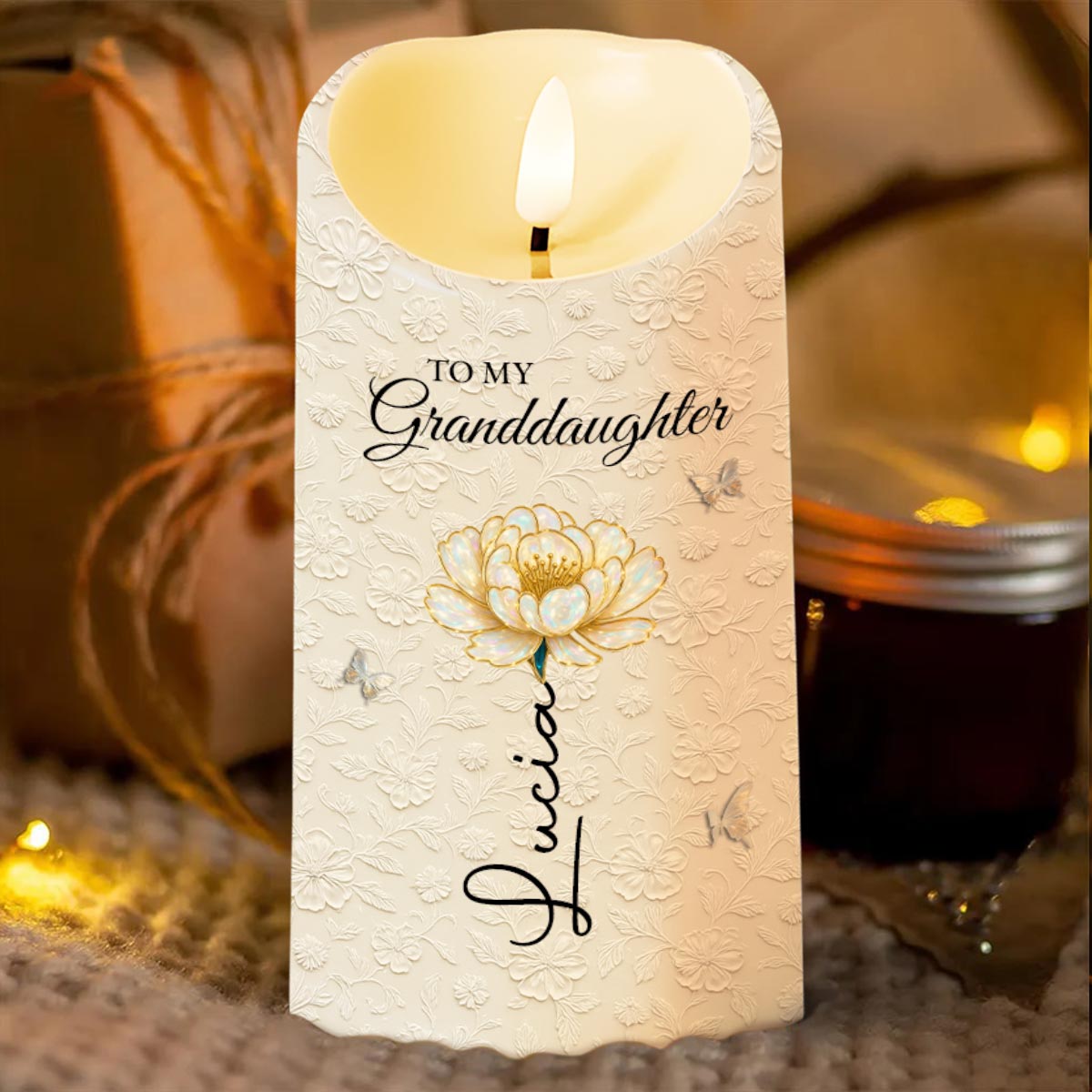 To My Granddaughter, Love And Floral Design - Personalized Custom LED Candle - GDT543_LECA