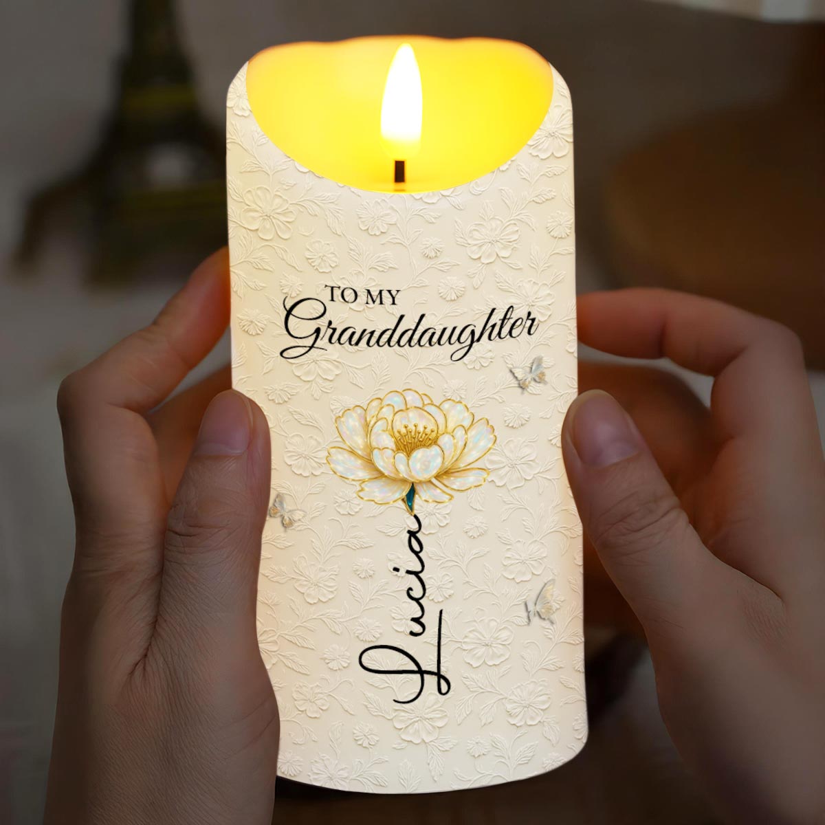 To My Granddaughter, Love And Floral Design - Personalized Custom LED Candle - GDT543_LECA