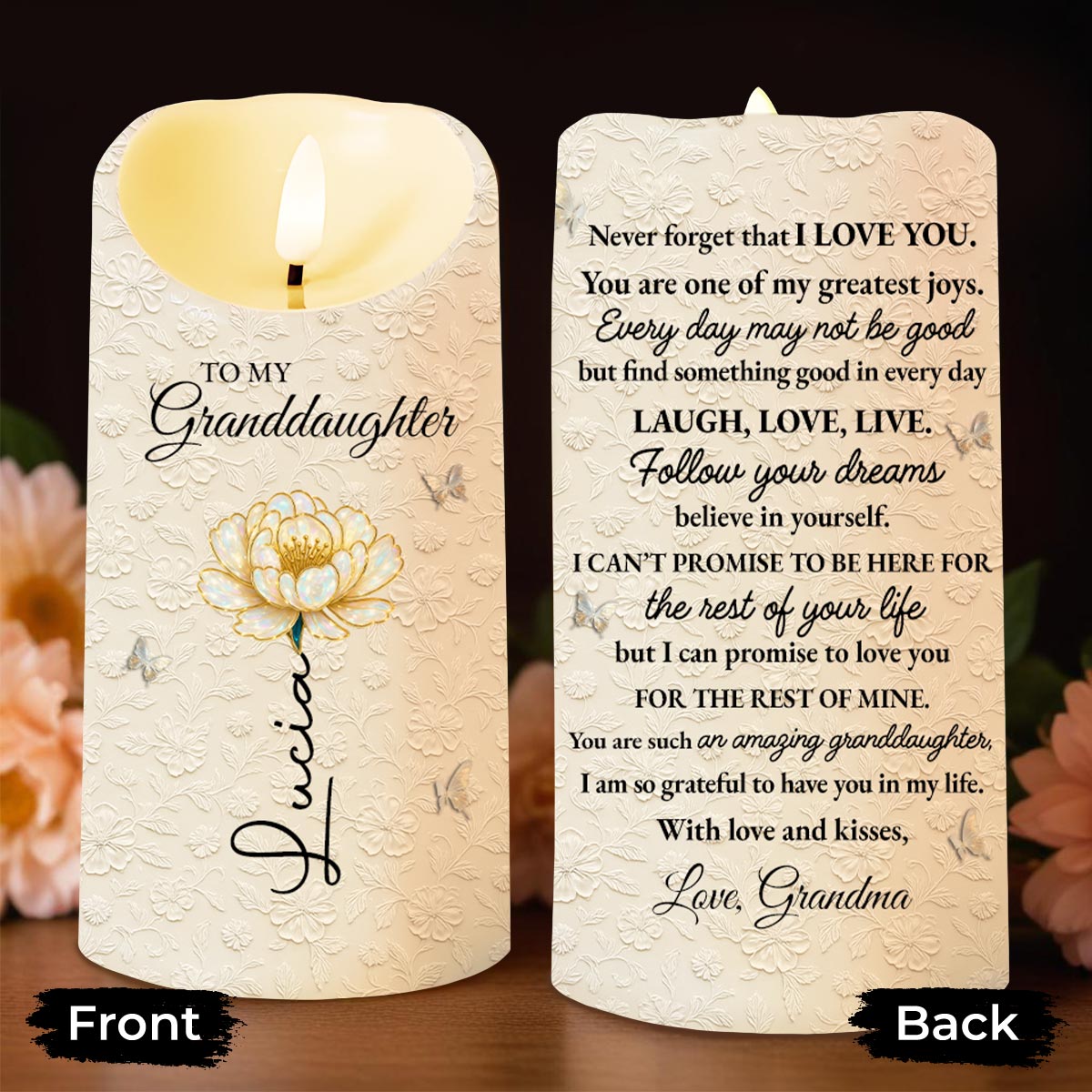 To My Granddaughter, Love And Floral Design - Personalized Custom LED Candle - GDT543_LECA
