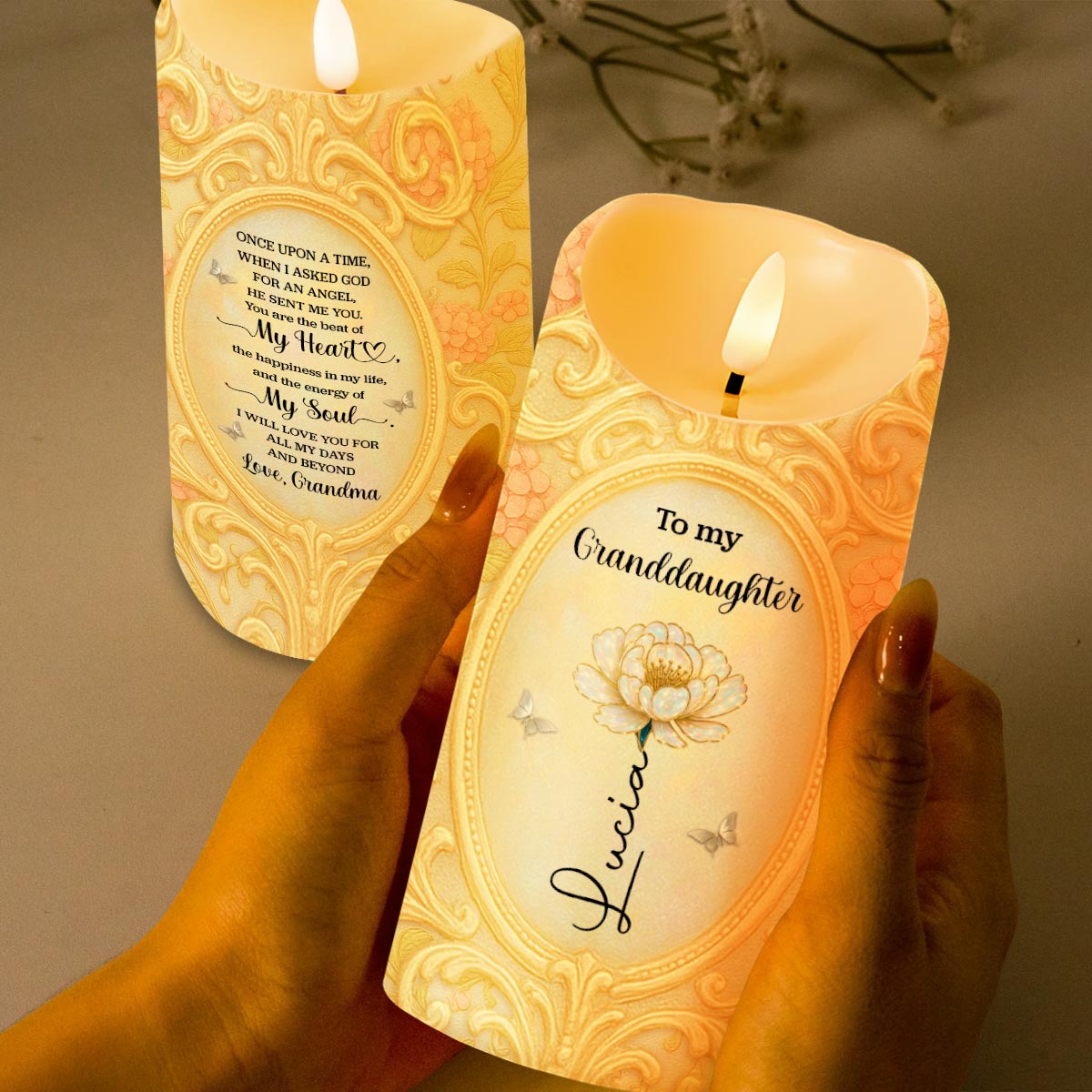To My Granddaughter, Flower and Butterflies - Personalized Custom LED Candle - GDT544_LECA