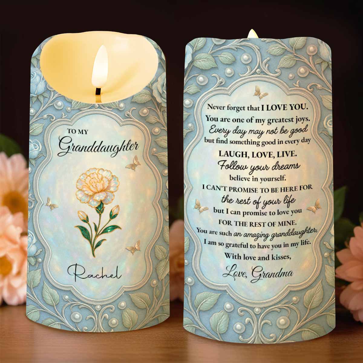 To My Granddaughter Love From Grandma, Flowers And Butterflies - Personalized Custom LED Candle - GDT548_LECA