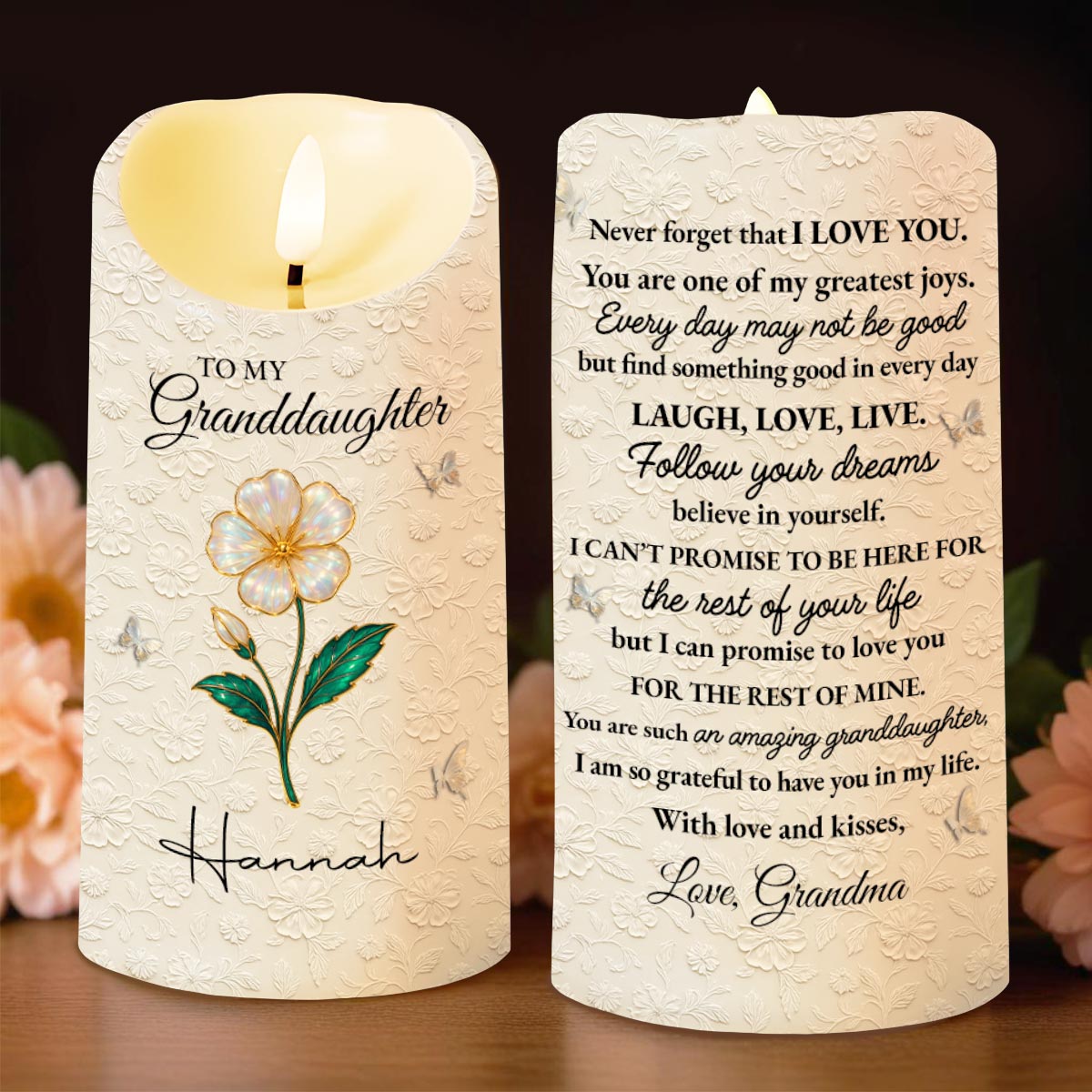 To My Granddaughter, Love Grandma, Beautiful Flower Design - Personalized Custom LED Candle - GDT551_LECA