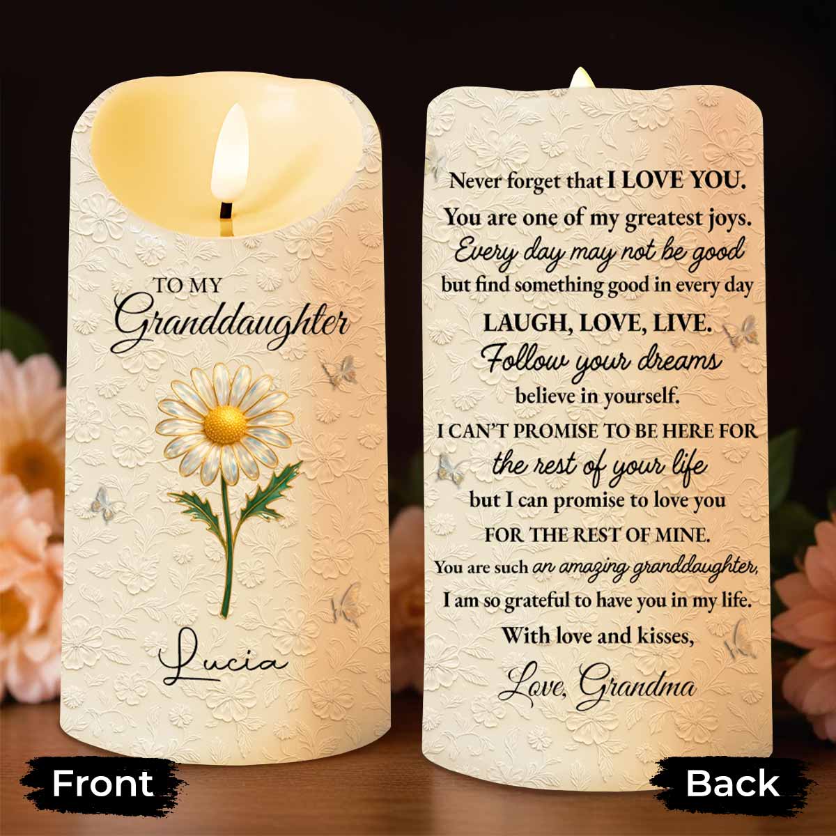 To My Granddaughter, Love Grandma, Beautiful Flower Design - Personalized Custom LED Candle - GDT551_LECA