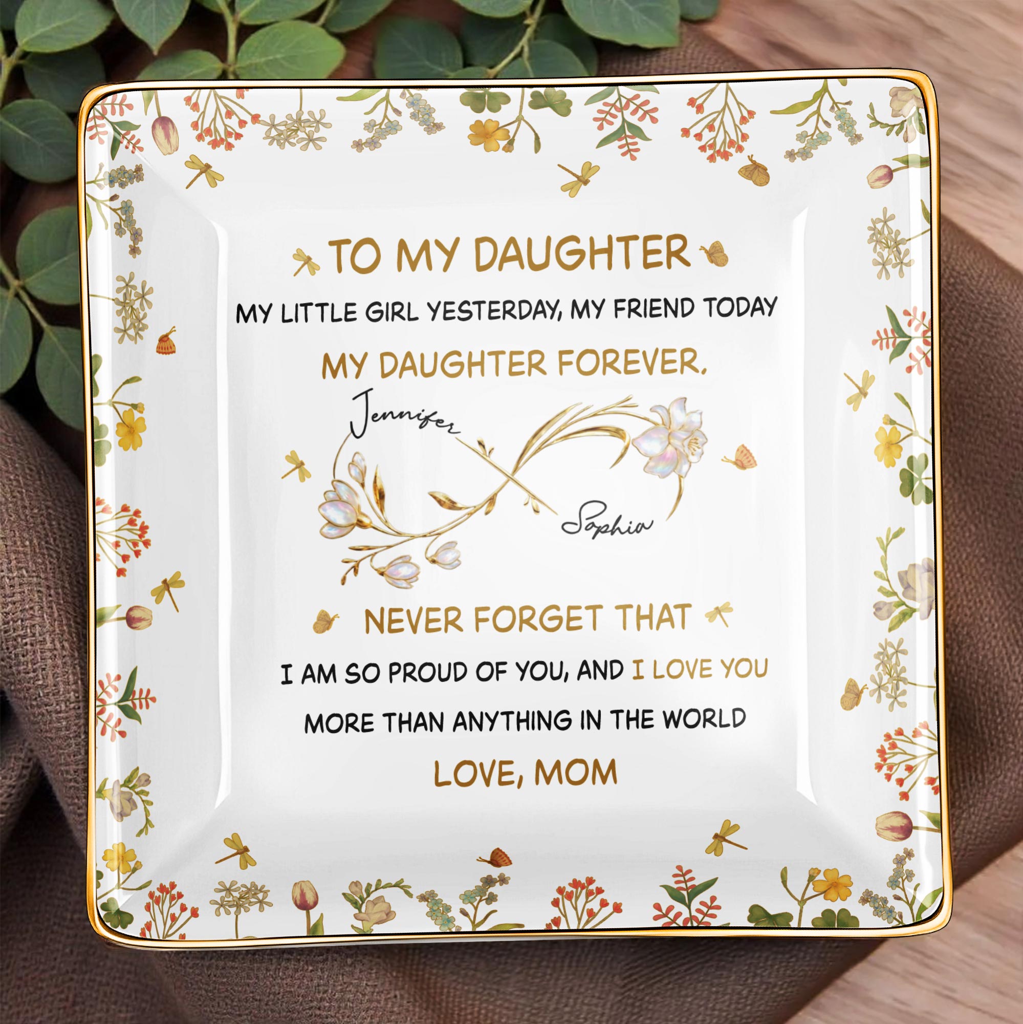 To My Daughter, My Little Girl Yesterday, Flowers Design - Personalized Custom Jewelry Dish, Ceramic Dish, Square Shape - GDT556_SCRF