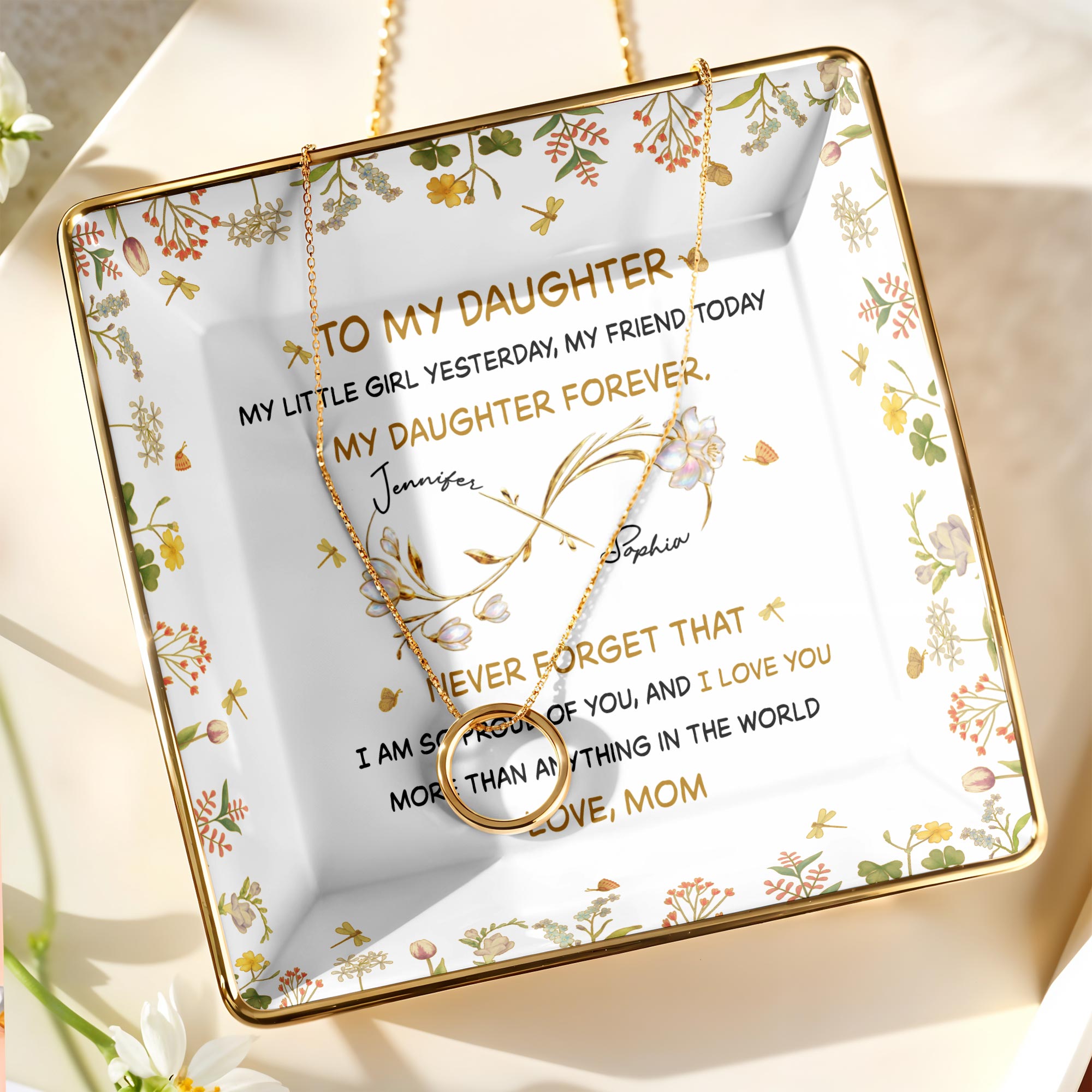 To My Daughter, My Little Girl Yesterday, Flowers Design - Personalized Custom Jewelry Dish, Ceramic Dish, Square Shape - GDT556_SCRF
