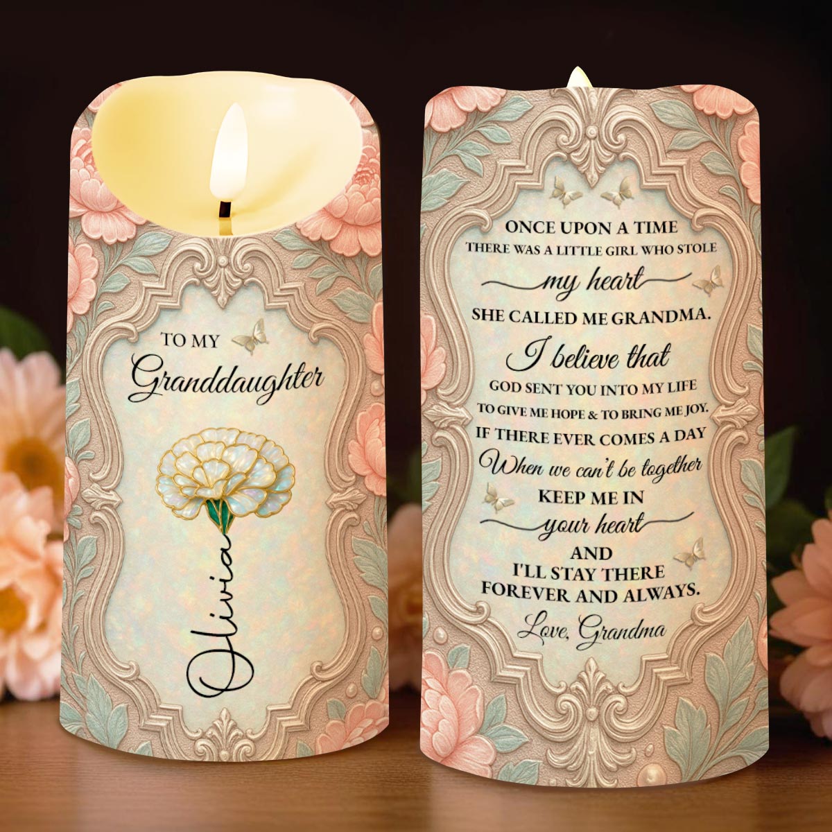 To My Granddaughter, Beautiful Floral Design - Personalized Custom LED Candle - GDT557_LECA