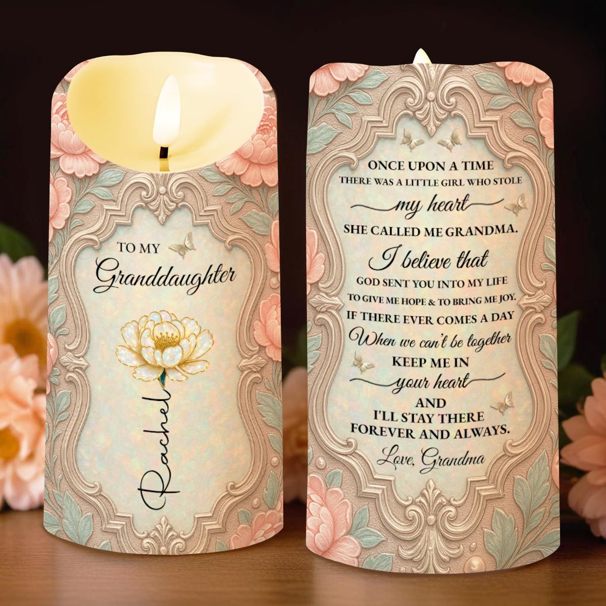 To My Granddaughter, Beautiful Floral Design - Personalized Custom LED Candle - GDT557_LECA