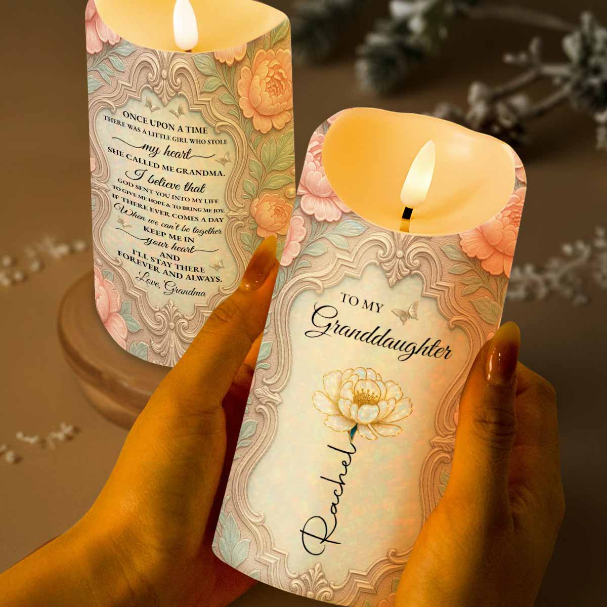 To My Granddaughter, Beautiful Floral Design - Personalized Custom LED Candle - GDT557_LECA