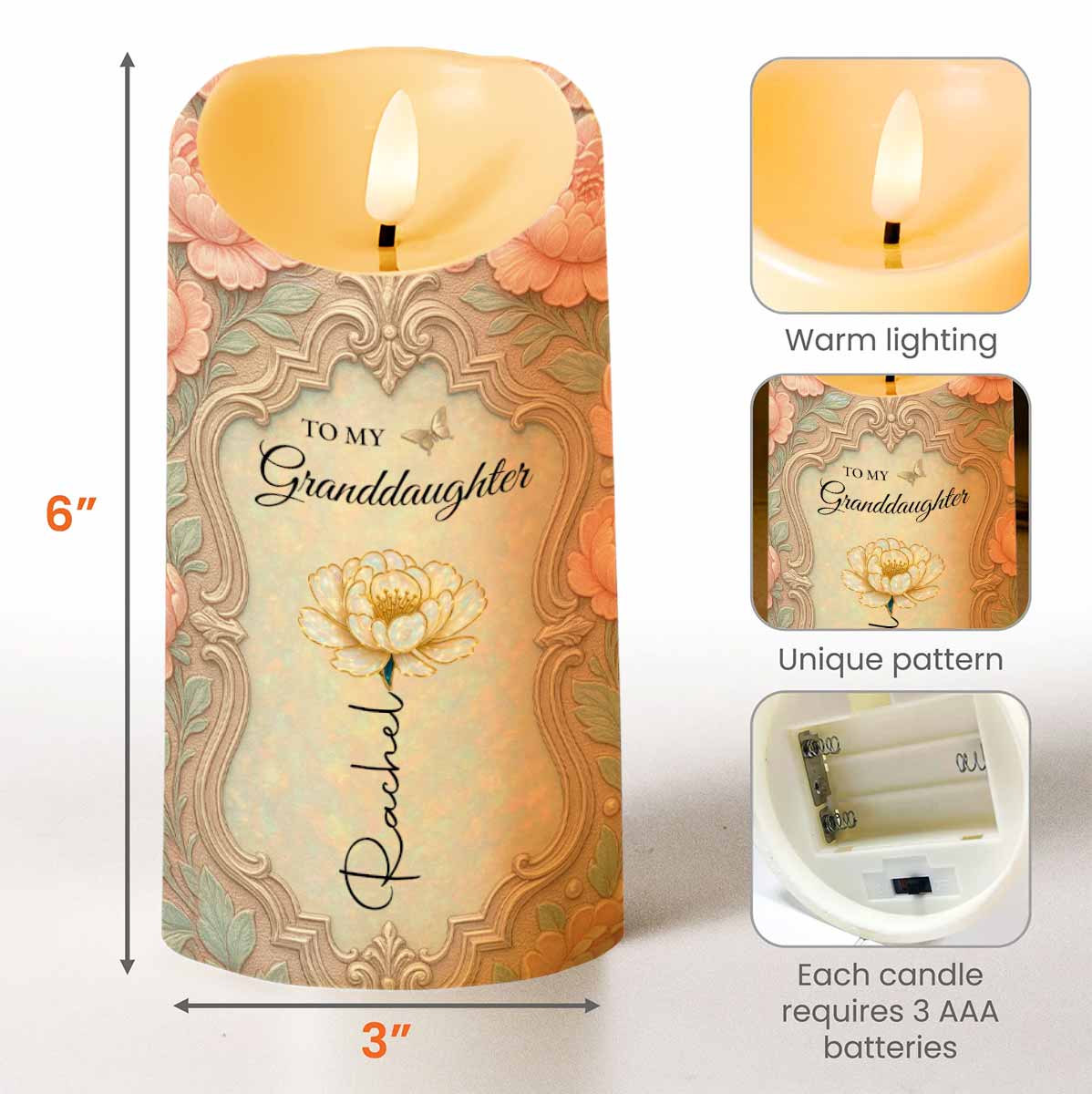 To My Granddaughter, Beautiful Floral Design - Personalized Custom LED Candle - GDT557_LECA