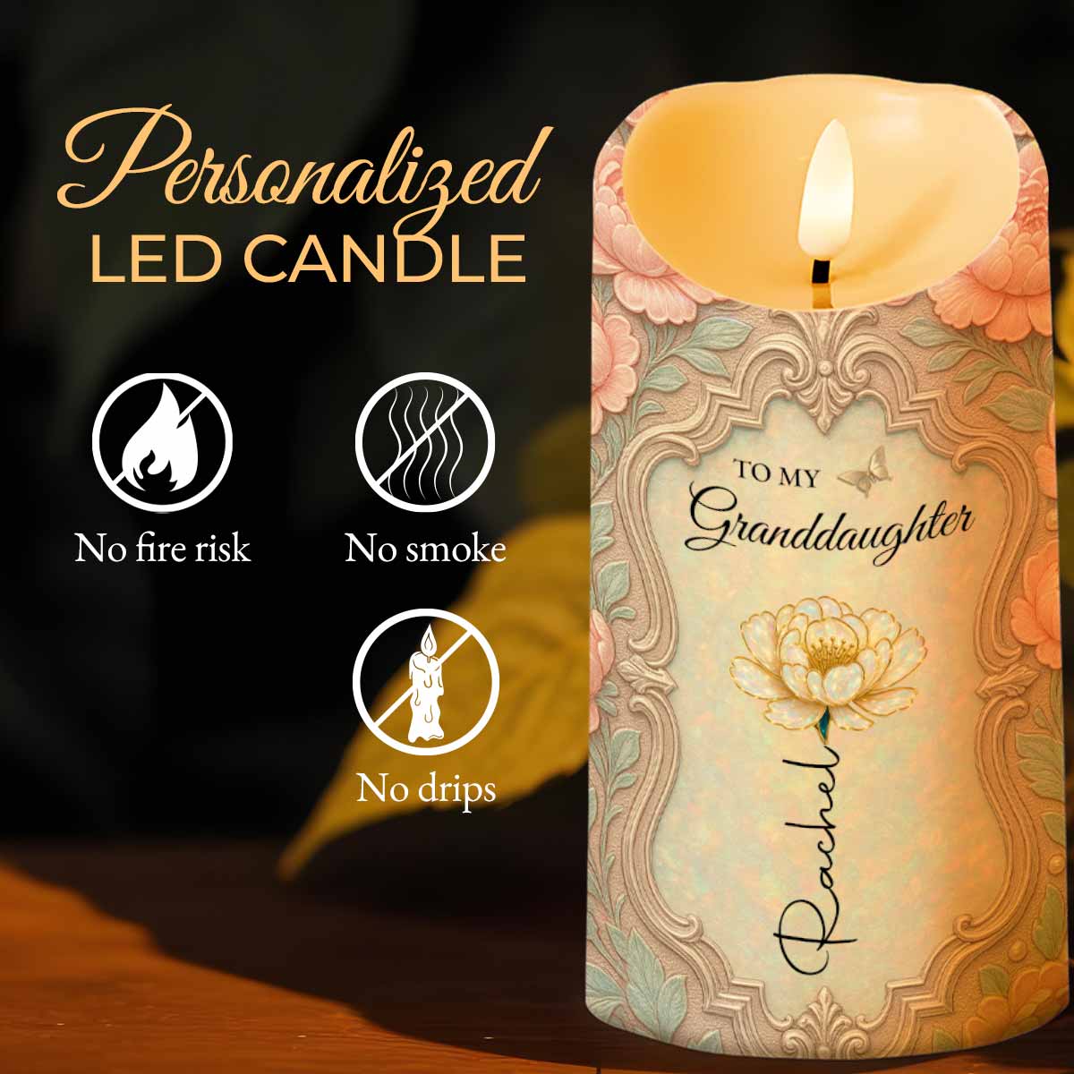 To My Granddaughter, Beautiful Floral Design - Personalized Custom LED Candle - GDT557_LECA