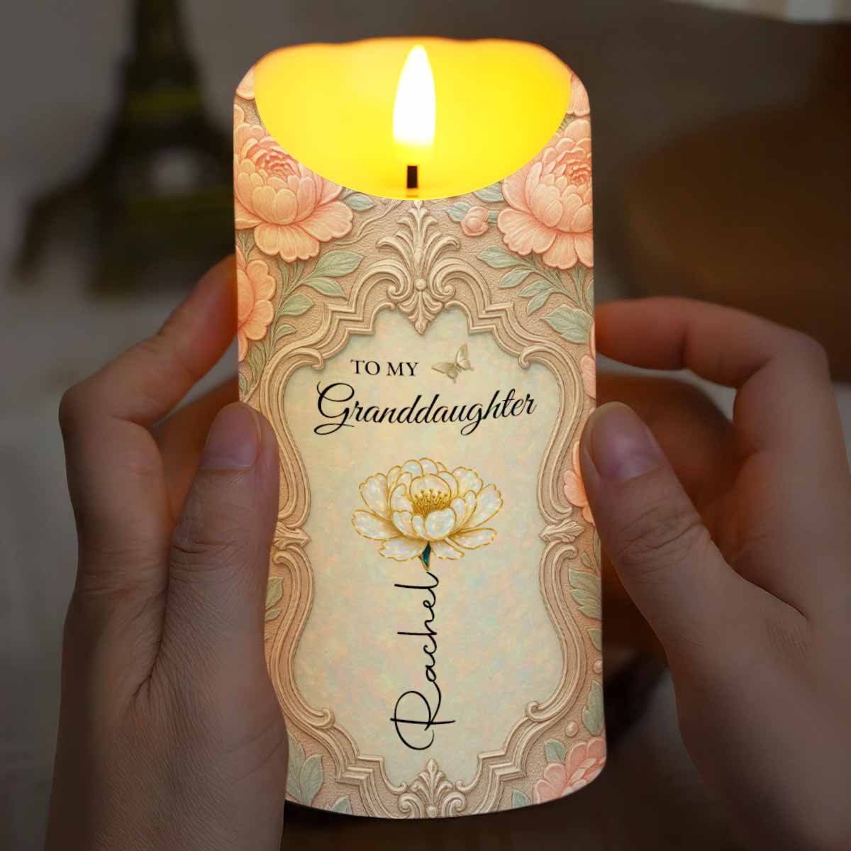 To My Granddaughter, Beautiful Floral Design - Personalized Custom LED Candle - GDT557_LECA