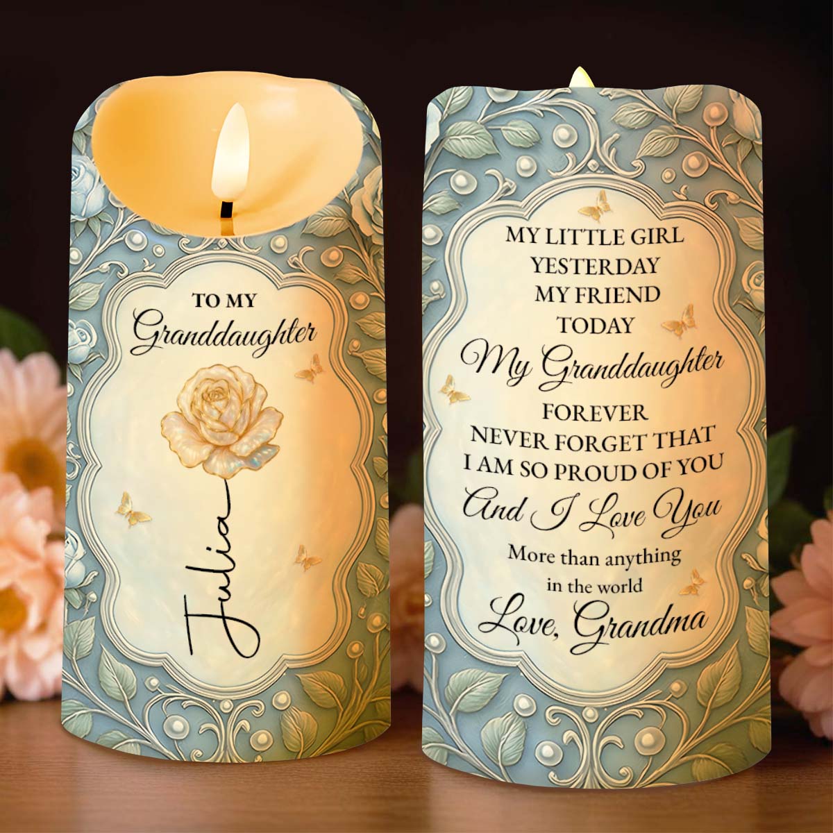 To My Granddaughter, Rose And Butterfly Design - Personalized Custom LED Candle - GDT559_LECA