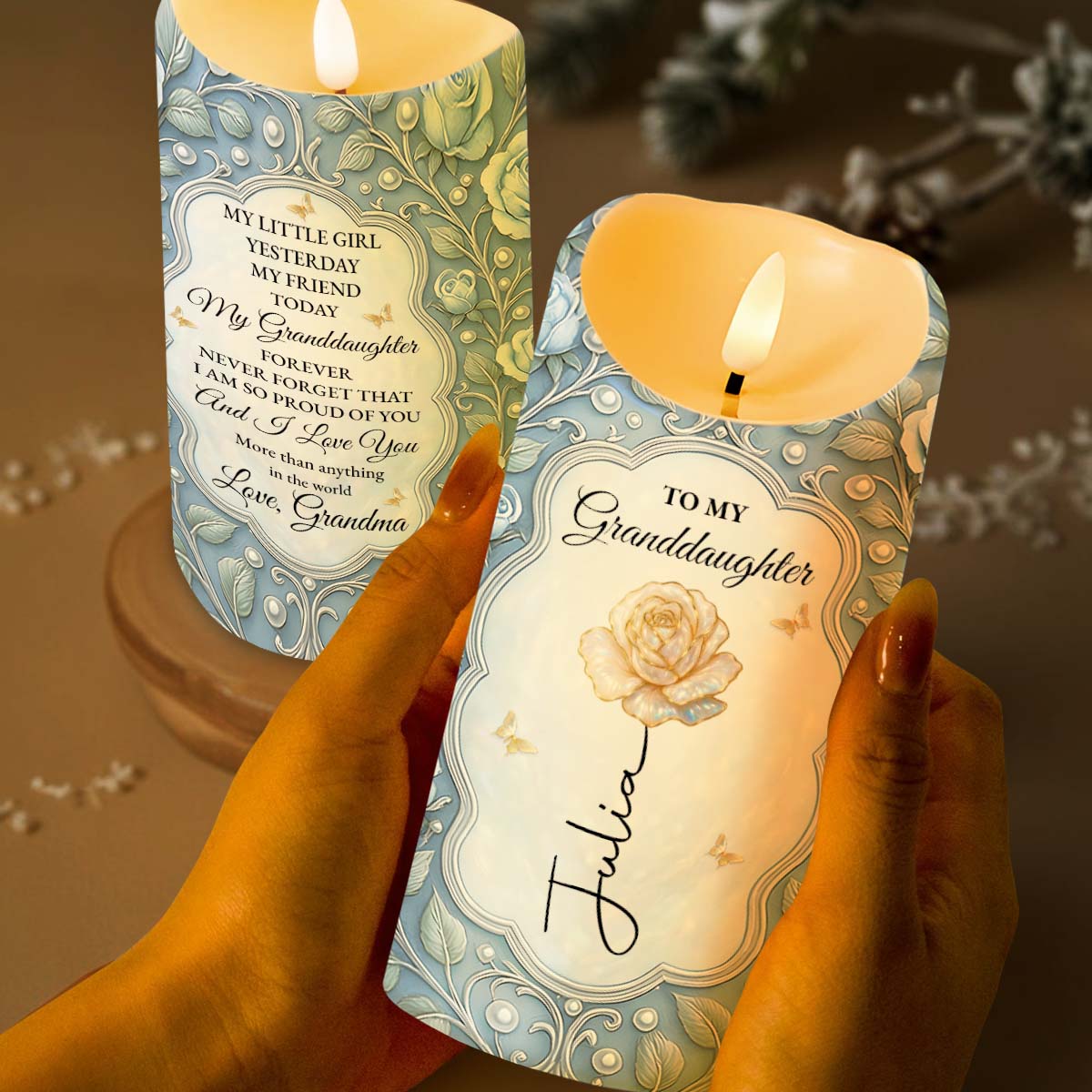 To My Granddaughter, Rose And Butterfly Design - Personalized Custom LED Candle - GDT559_LECA