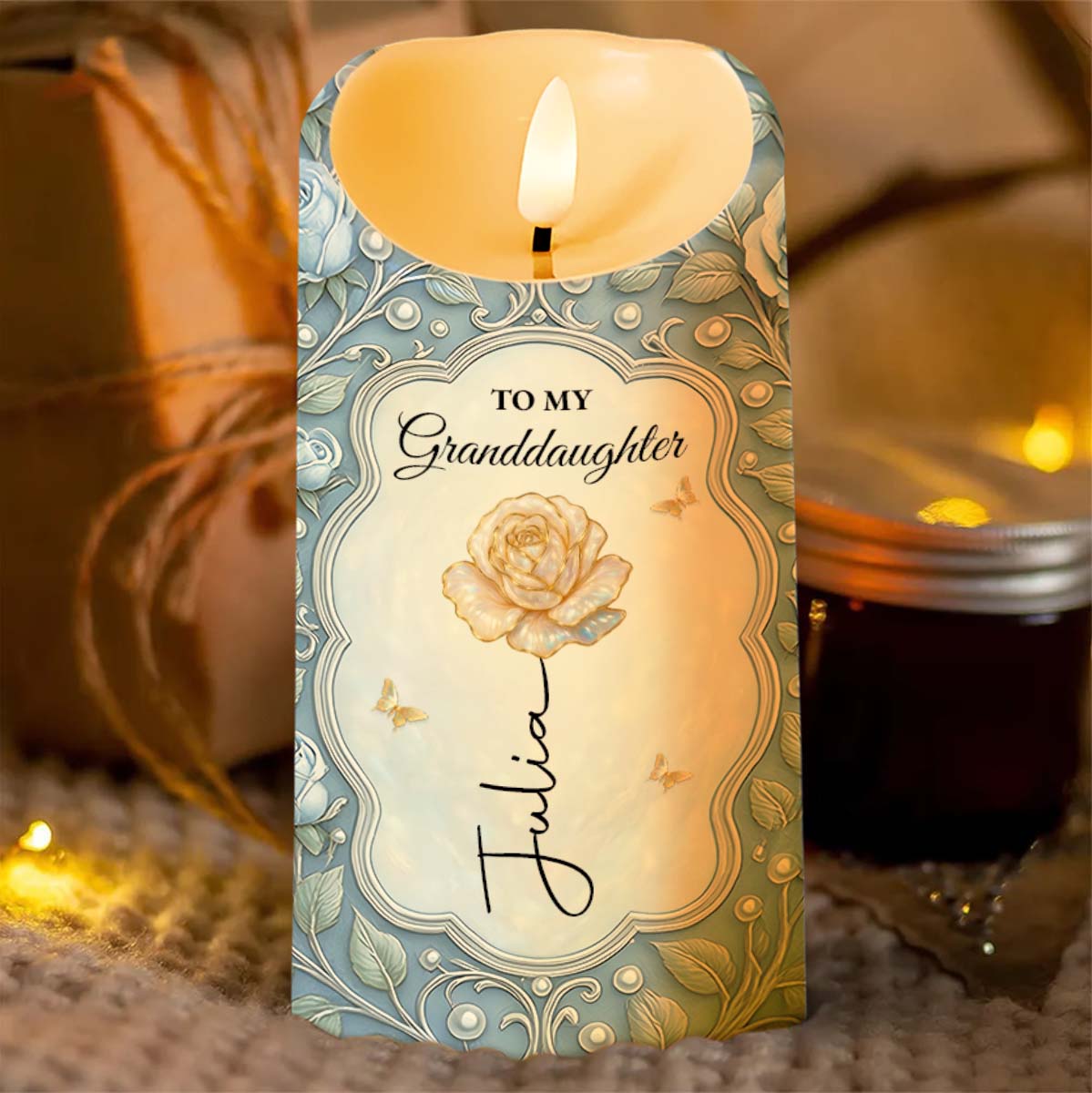 To My Granddaughter, Rose And Butterfly Design - Personalized Custom LED Candle - GDT559_LECA