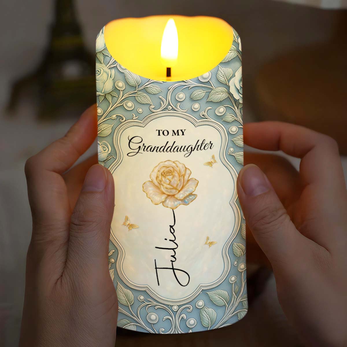 To My Granddaughter, Rose And Butterfly Design - Personalized Custom LED Candle - GDT559_LECA