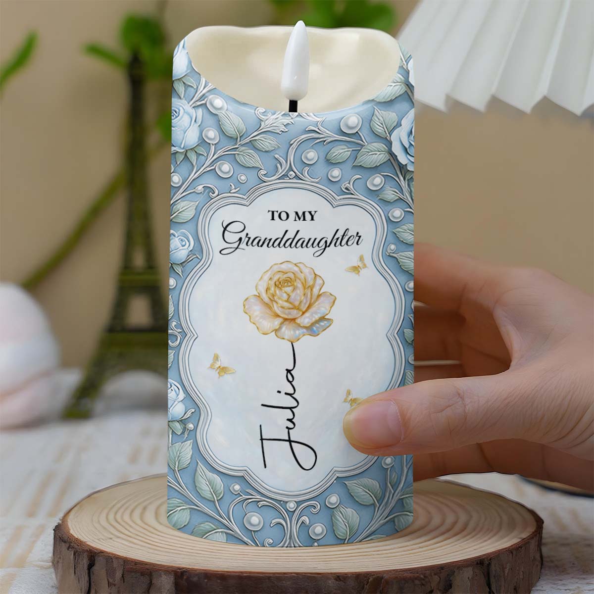 To My Granddaughter, Rose And Butterfly Design - Personalized Custom LED Candle - GDT559_LECA