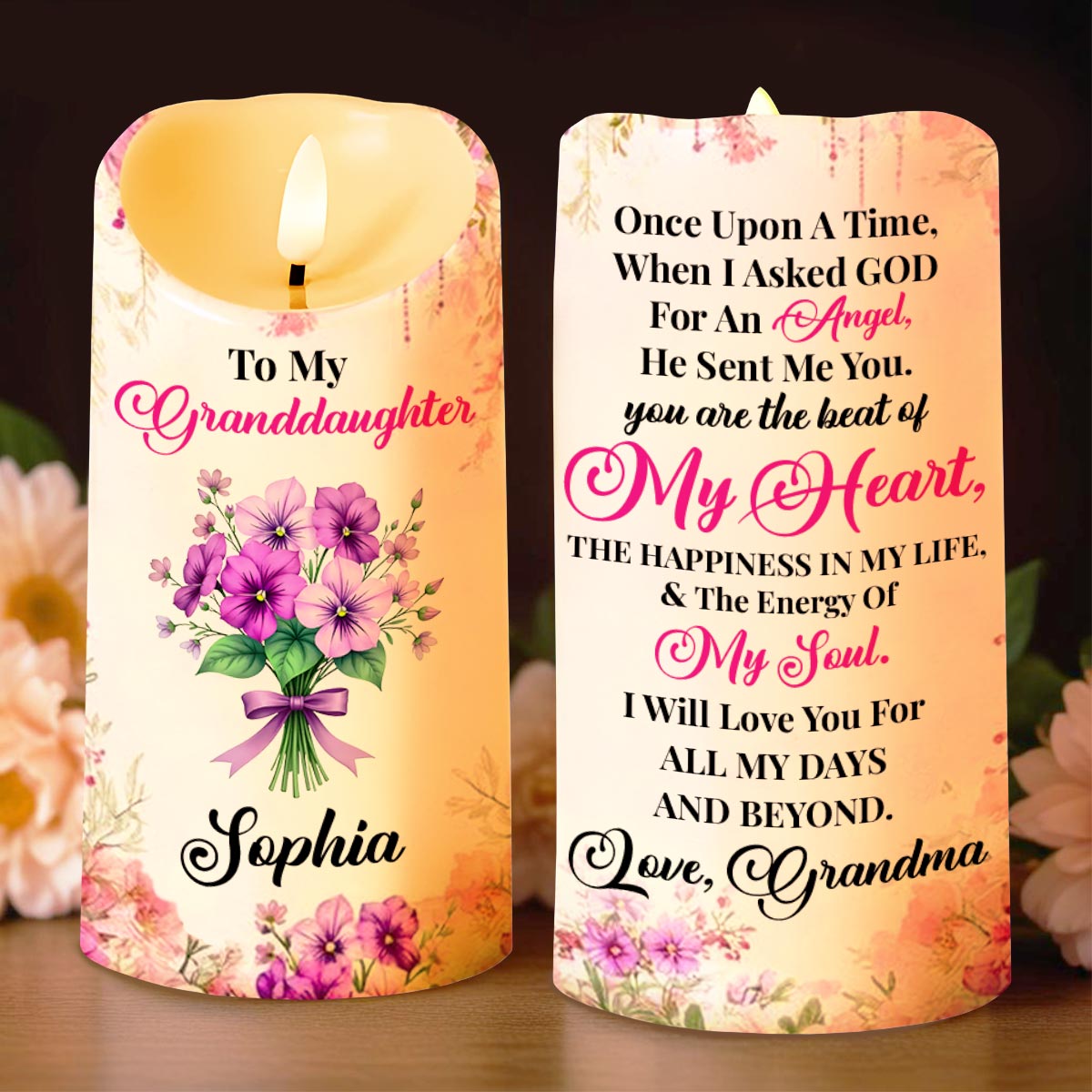 To My Granddaughter, Love And Floral Blessing - Personalized Custom LED Candle - GDT563_LECA