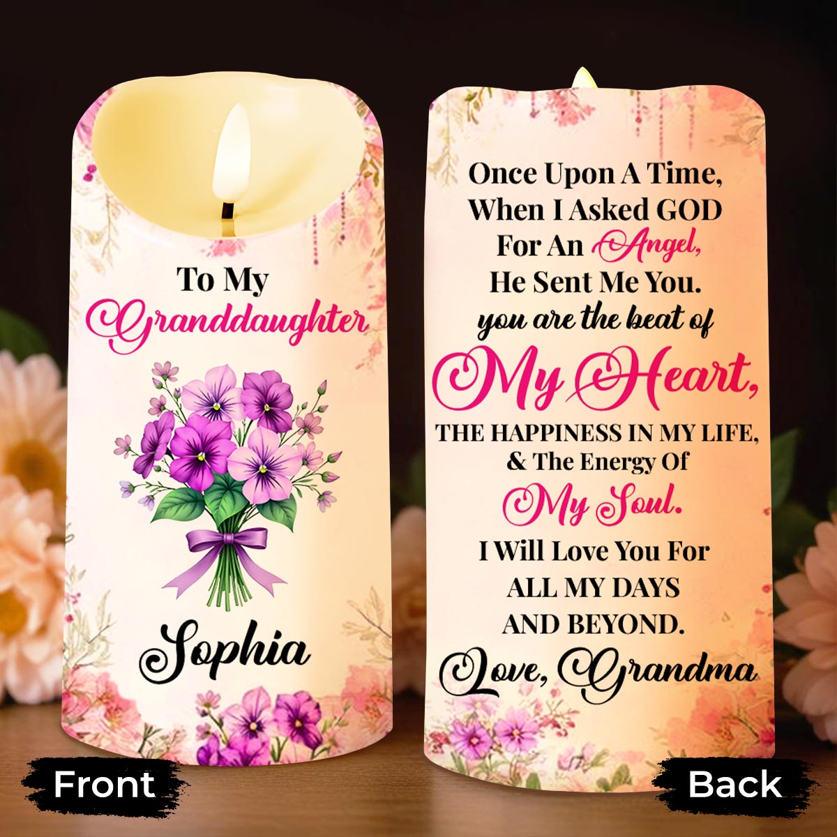 To My Granddaughter, Love And Floral Blessing - Personalized Custom LED Candle - GDT563_LECA