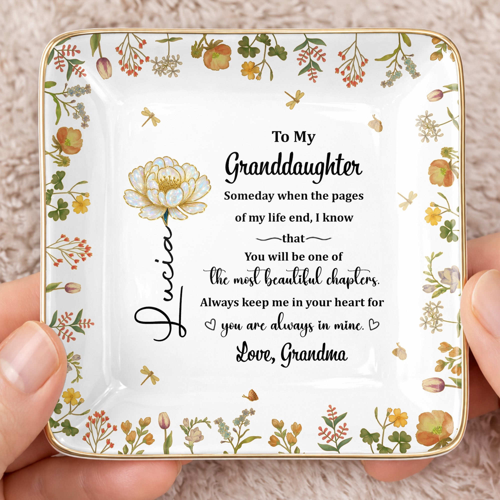 To My Granddaughter, Beautiful Life Chapters, Flowers - Personalized Custom Jewelry Dish, Ceramic Dish, Square Shape - GDT567_SCRF
